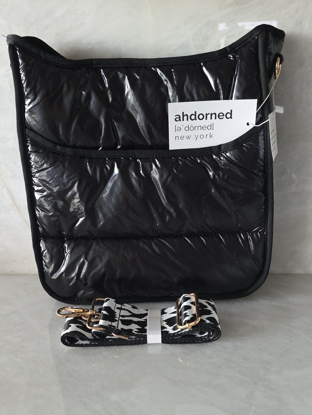 Ahdorned New York Black Large Puffer Crossbody Bag with Printed Leopard Strap